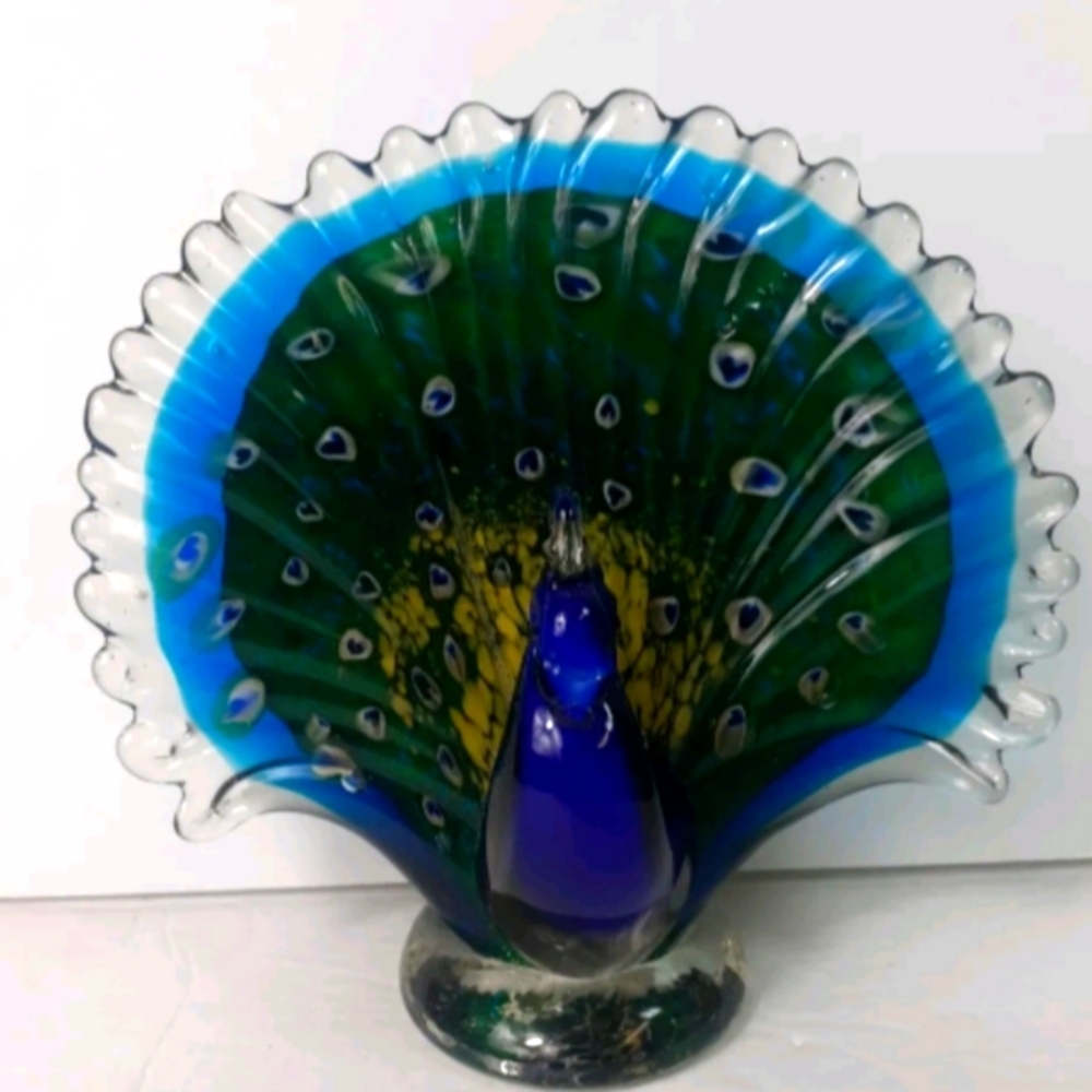 Murano Style Art Glass Peacock Figurine Paperweight